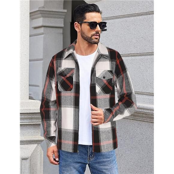 Men Flannel Jackets Full Zip Up Plaid Shirt Shackets Cotton Lightweight Jackets - Picture 2 of 6